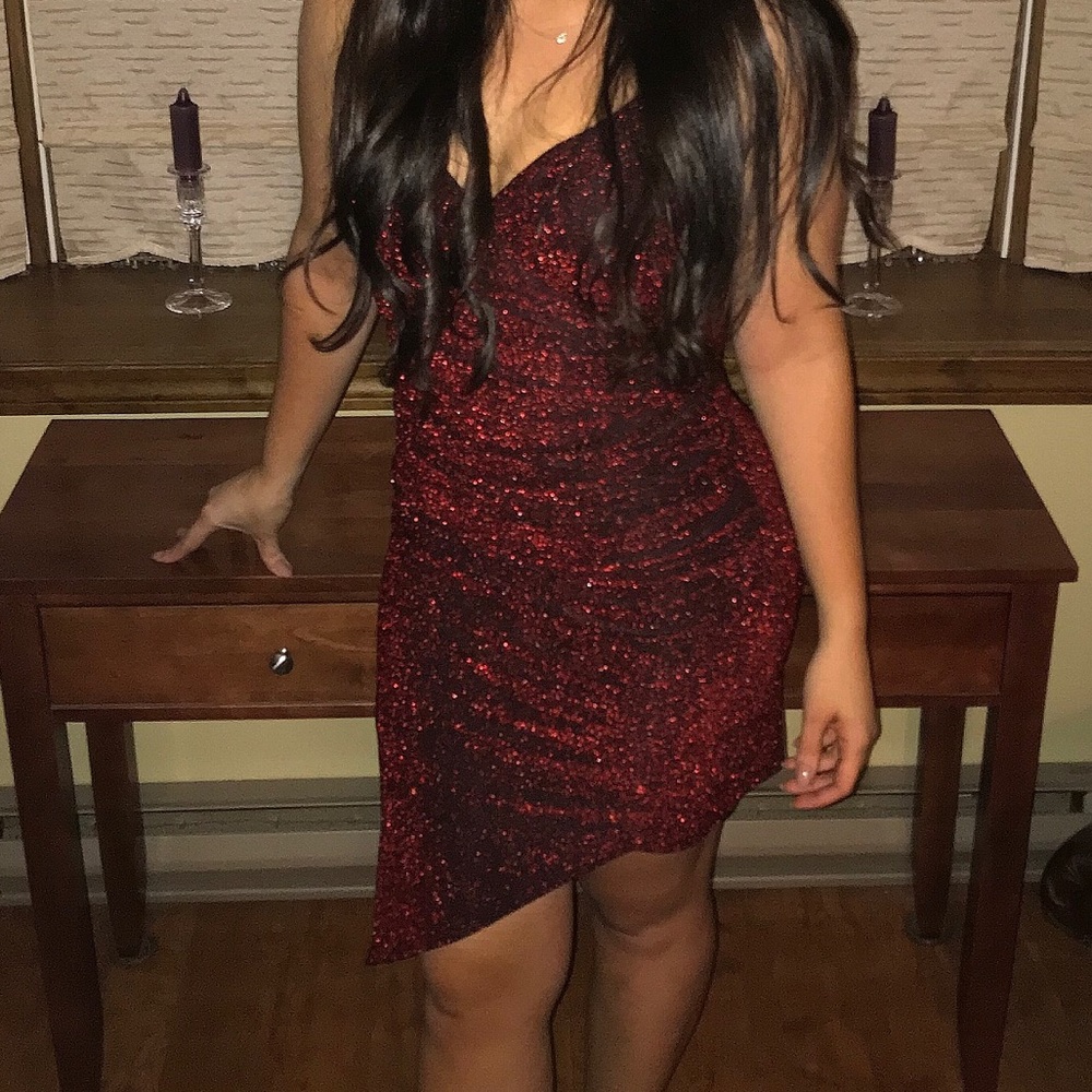 WORN ONCE: red sparkly dress. Sparkles don’t fall off!! Flattering fit